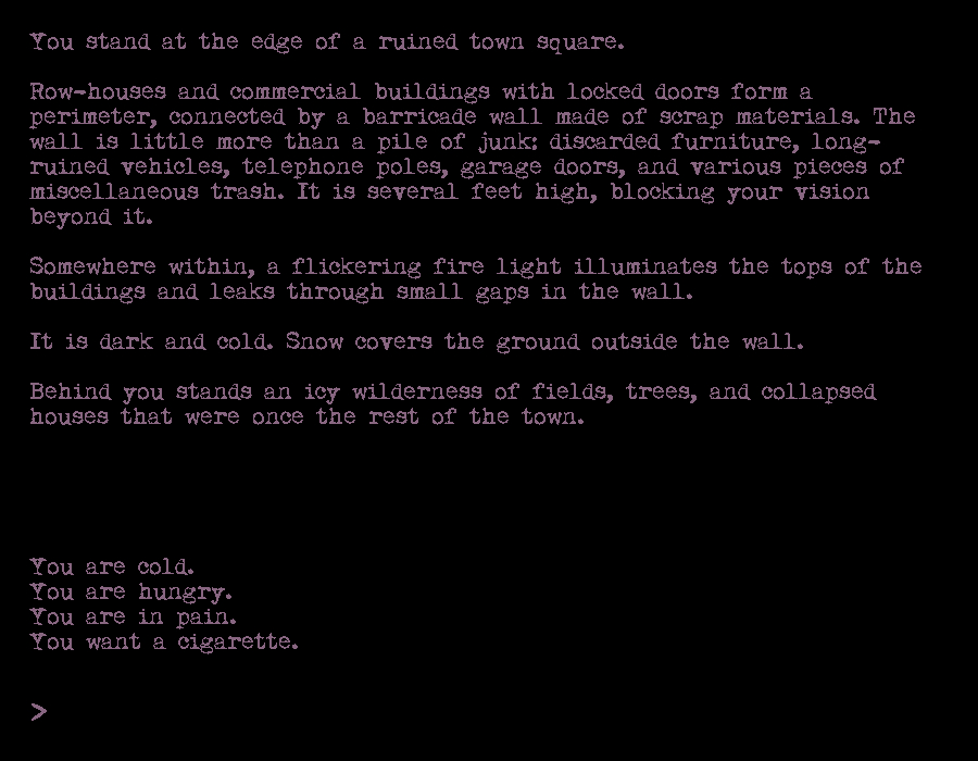 You stand at the edge of a ruined town square.

Row-houses and commercial buildings with locked doors form a perimeter, connected by a barricade wall made of scrap materials. The wall is little more than a pile of junk: discarded furniture, long-ruined vehicles, telephone poles, garage doors, and various pieces of miscellaneous trash. It is several feet high, blocking your vision beyond it.

Somewhere within, a flickering fire light illuminates the tops of the buildings and leaks through small gaps in the wall.

It is dark and cold. Snow covers the ground outside the wall. 

Behind you stands an icy wilderness of fields, trees, and collapsed houses that were once the rest of the town.

You are cold.
You are hungry.
You are in pain.
You want a cigarette.
