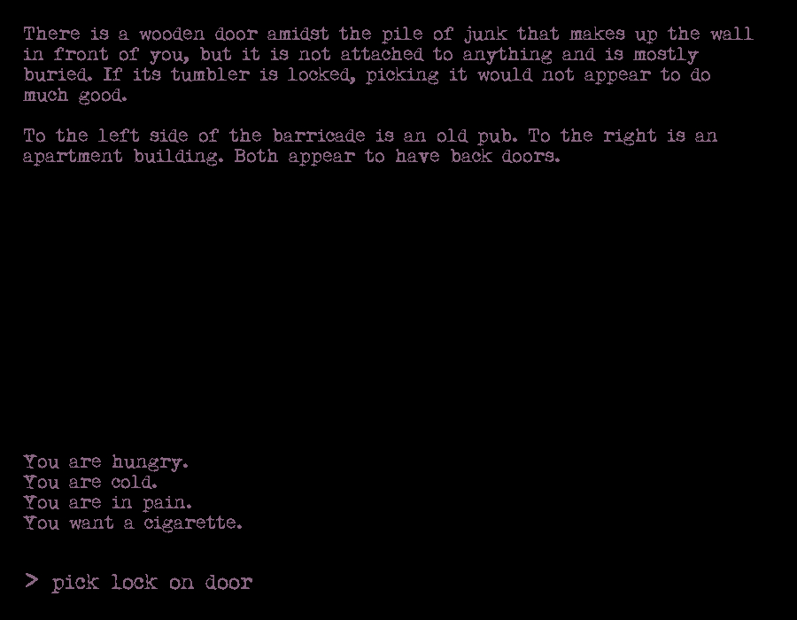 There is a wooden door amidst the pile of junk that makes up the wall in front of you, but it is not attached to anything and is mostly buried. If its tumbler is locked, picking it would not appear to do much good.

To the left side of the barricade is an old pub. To the right is an apartment building. Both appear to have back doors.

You are hungry.
You are cold.
You are in pain.
You want a cigarette.