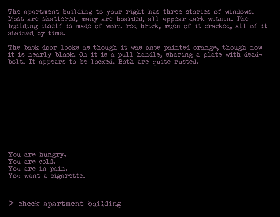 The apartment building to your right has three stories of windows. Most are shattered, many are boarded, all appear dark within. The building itself is made of worn red brick, much of it cracked, all of it stained by time.

The back door looks as though it was once painted orange, though now it is nearly black. On it is a pull handle, sharing a plate with dead-bolt. It appears to be locked. Both are quite rusted.



You are hungry.
You are cold.
You are in pain.
You want a cigarette.